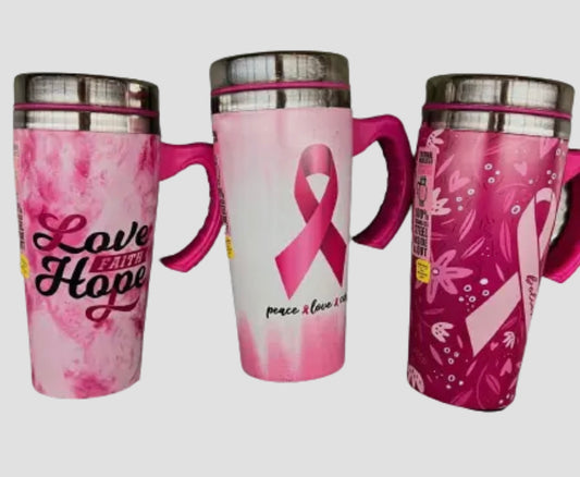 Travel Mug, Stainless Steel 16oz, Breast Cancer Awareness Themed