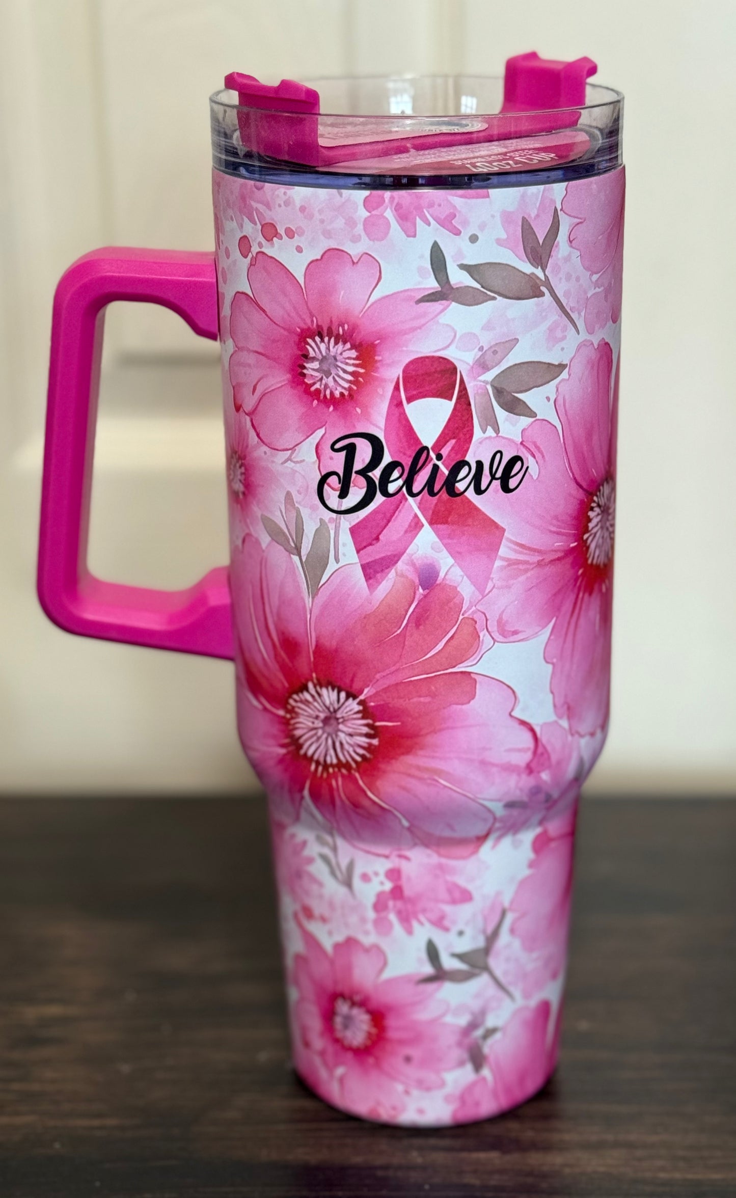 Insulated SS Tumbler with Straw 40oz, Breast Cancer Awareness Themed