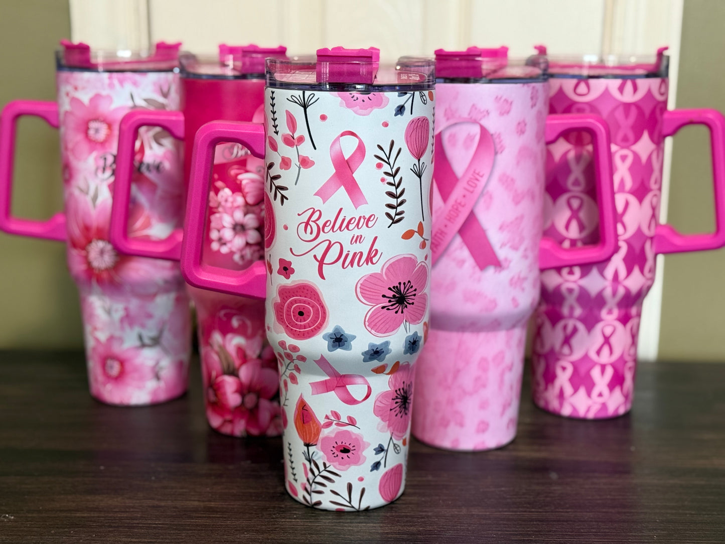 Insulated SS Tumbler with Straw 40oz, Breast Cancer Awareness Themed
