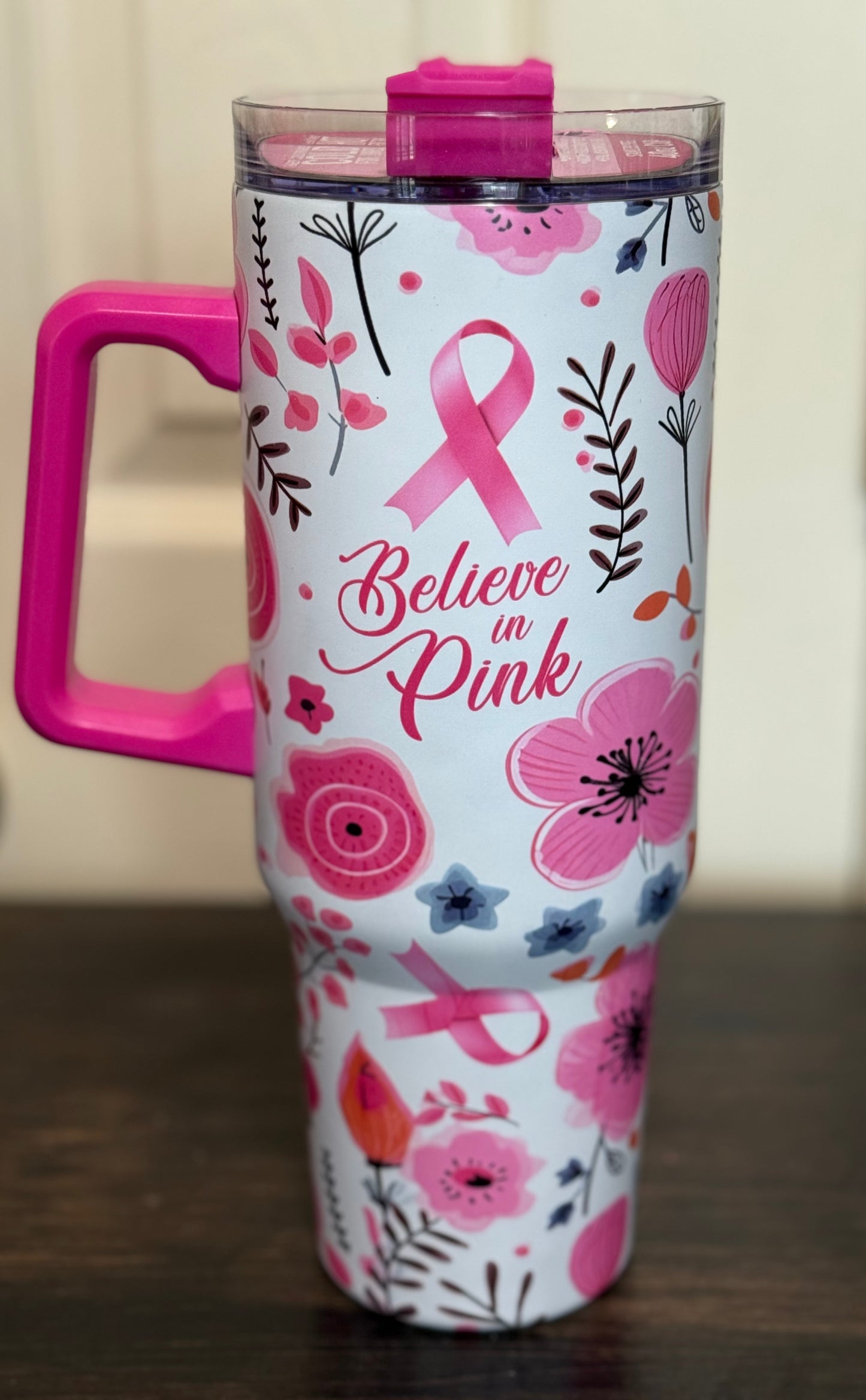 Insulated SS Tumbler with Straw 40oz, Breast Cancer Awareness Themed