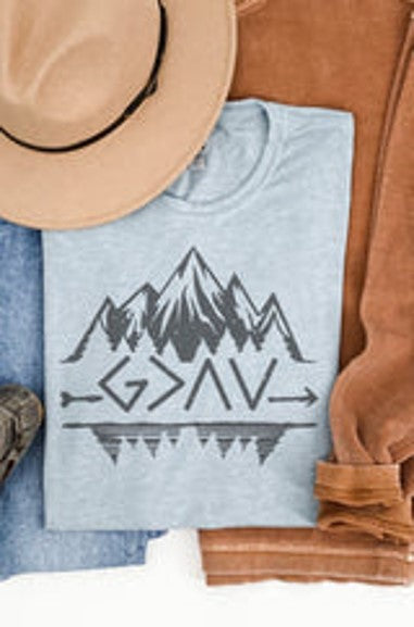 Apparel, Unisex, Mountain, God Is Greater Poly/Cotton Tee - Stonewash Denim